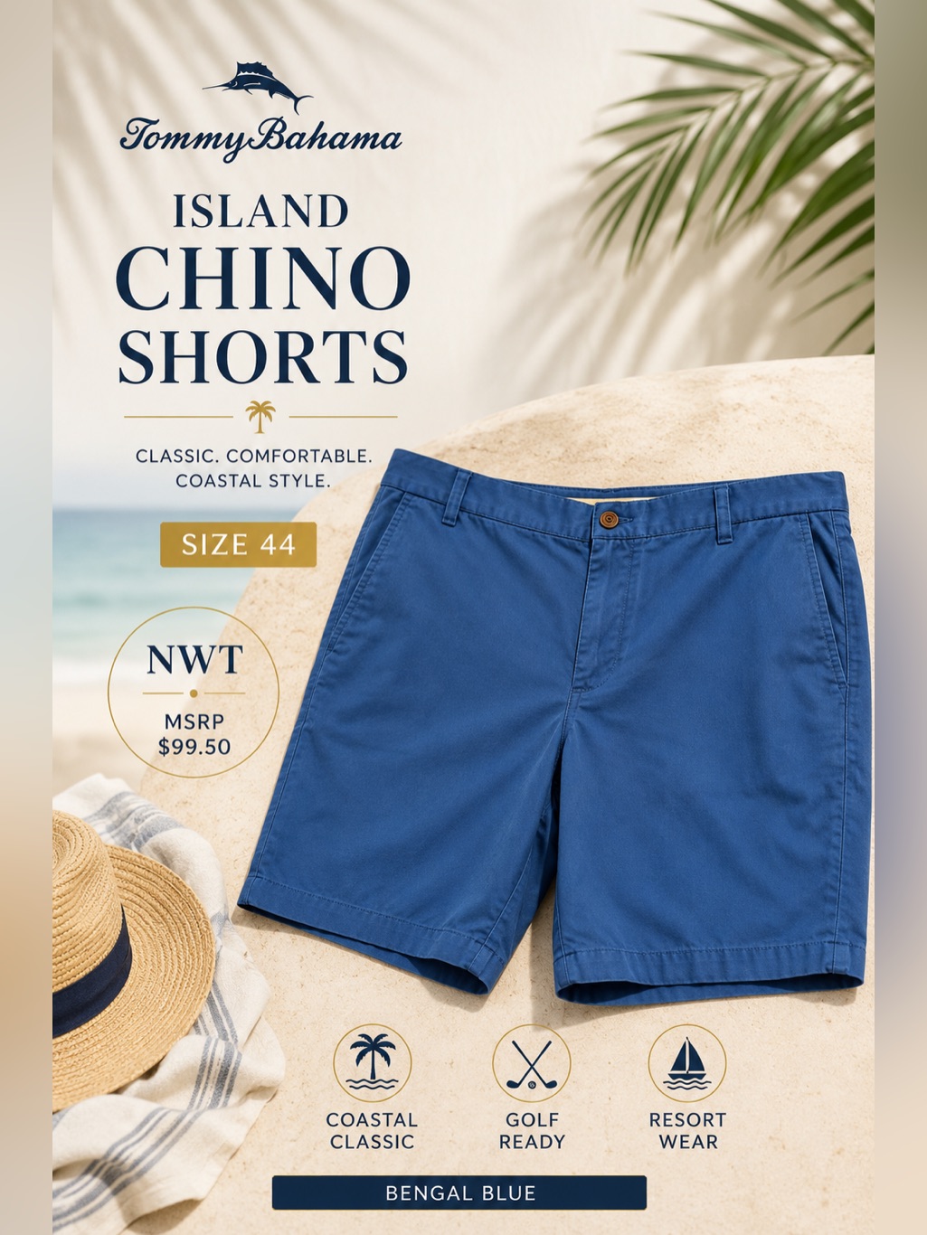 Tommy Bahama Island Chino Flat Front Shorts Bengal Blue Size 44